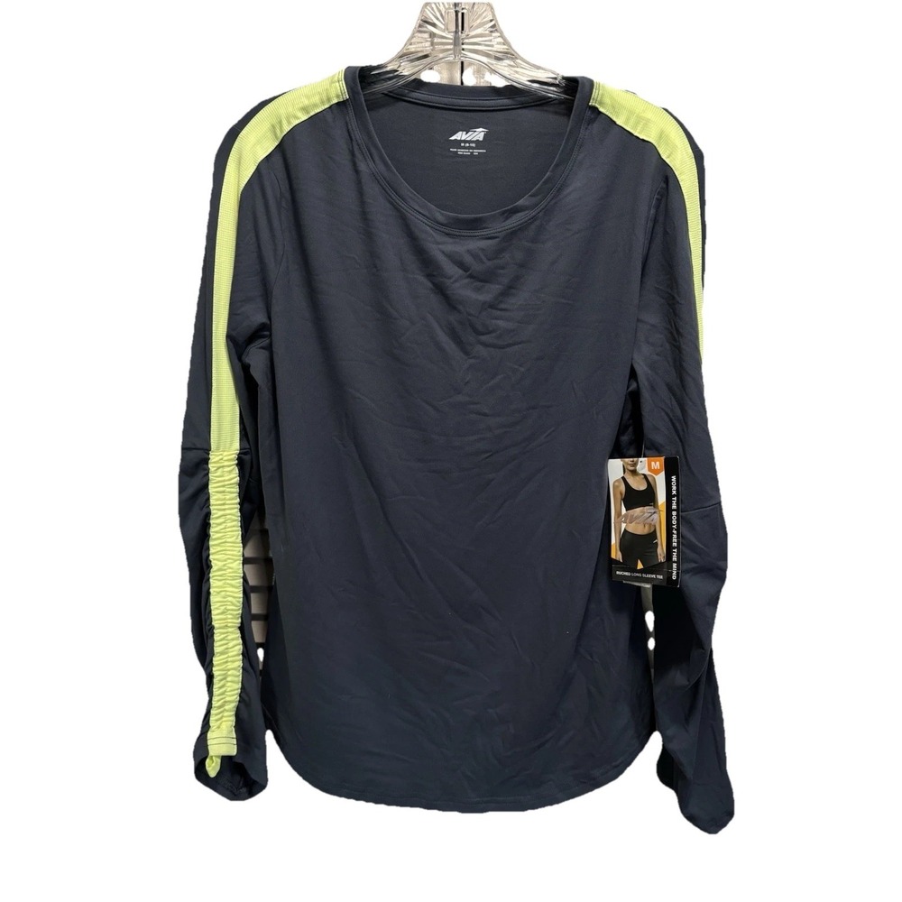 Avia Active Athletic Top Long Sleeve Logo Size M  Round Neck Gray NWT  Ruching